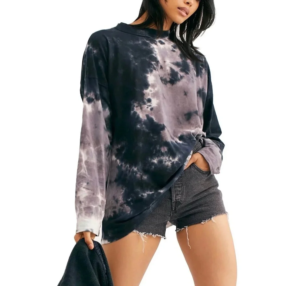 WE THE FREE PEOPLE Be Free Tunic Top Small Gray Tie Dye Mock Neck Long Sleeve - Picture 1 of 16